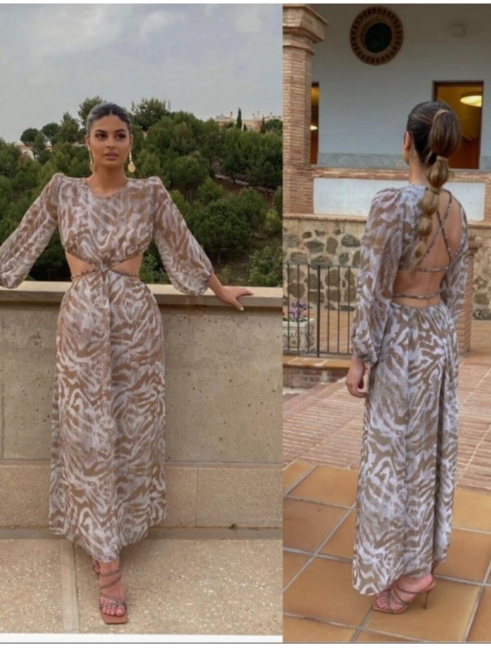 Zara Zebra Print Cut-Out Printed Maxi Dress - White and Camel - Picture 2 of 10